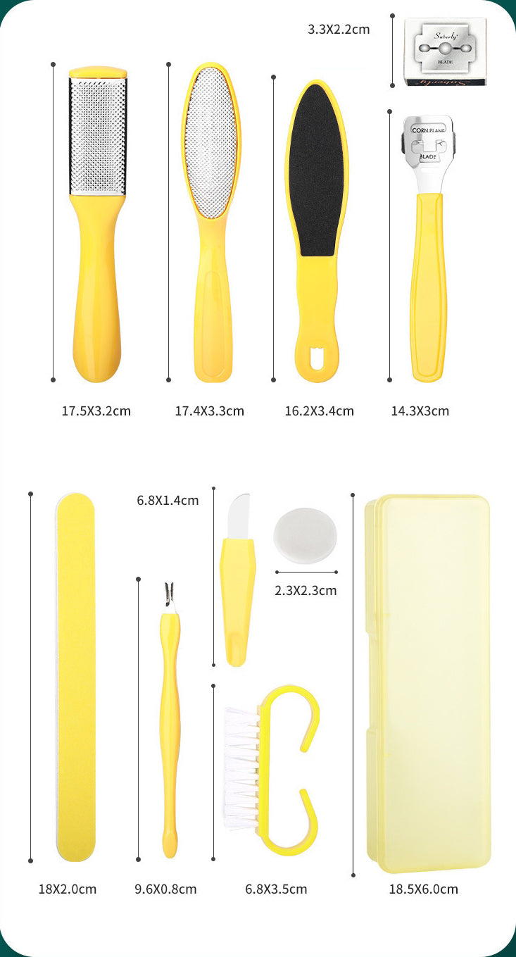 Special set of foot rubbing and repairing tools. Grinding the dead skin and calluses on the heel